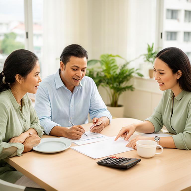 Financial coach reviewing a Singapore family budget with parents at a bright dining table