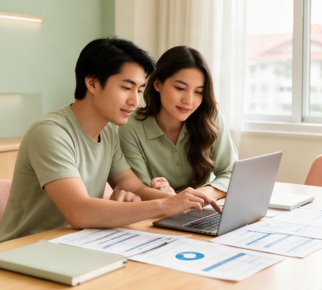 Young Singaporean couple reviewing a shared budget at a bright dining table with a laptop and handwritten savings goals