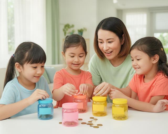 Parent and two children sorting colourful savings jars at a bright Singapore dining table