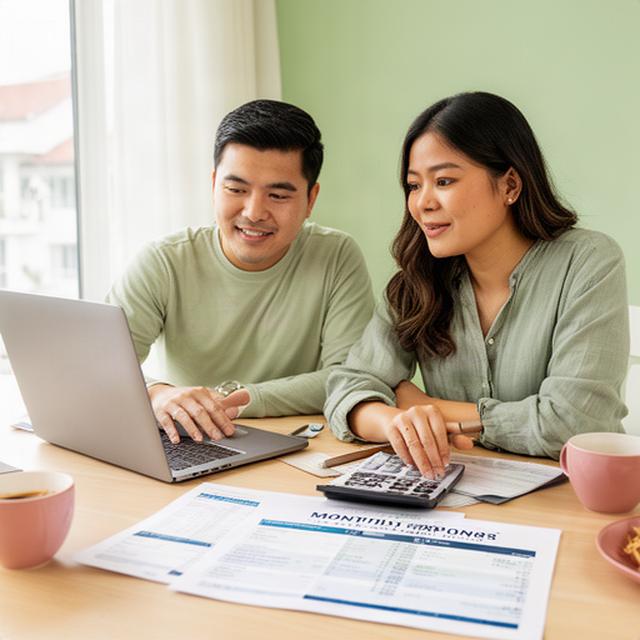 Singapore couple reviewing a household budget beside a laptop and printed monthly expense chart